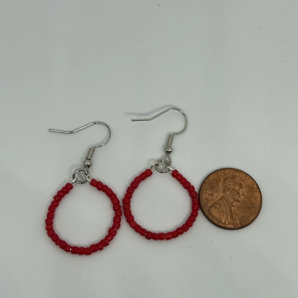 Small beaded hoop earrings red seed bead earrings handmade